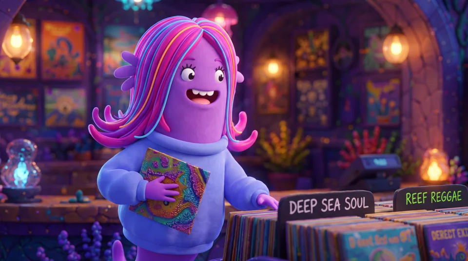 Ada, a purple sea creature with colorful flowing hair, browsing records.