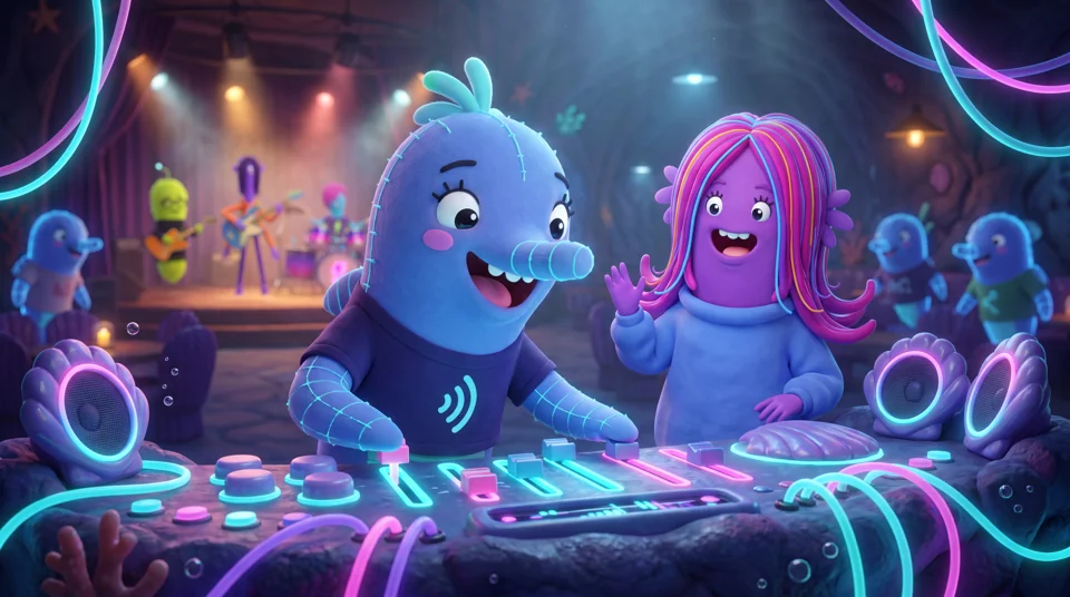 Ada and a blue dolphin working together at a glowing soundboard while the band performs.
