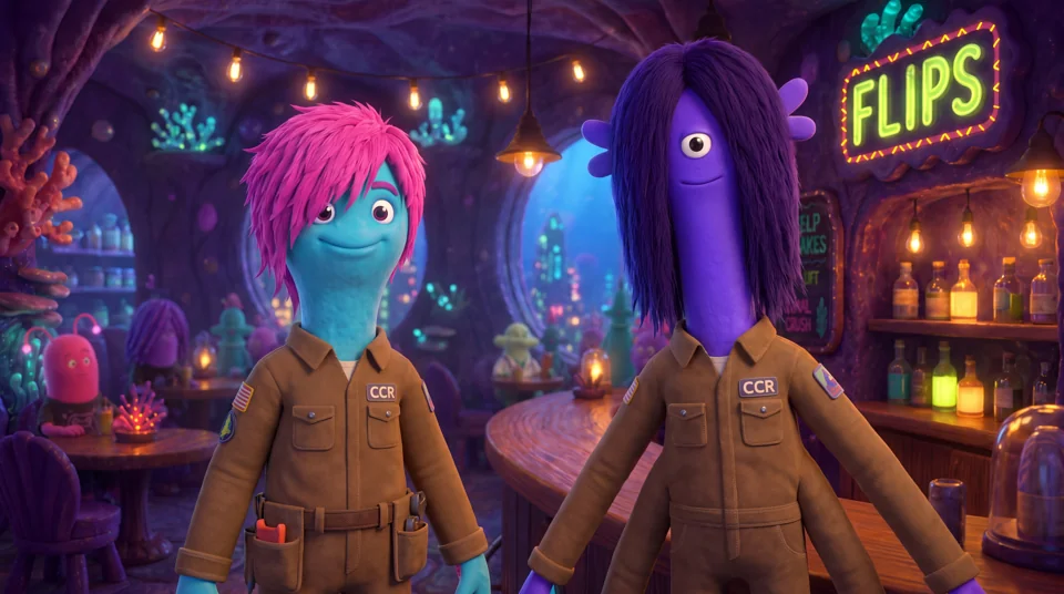 Torrance and Ez wearing matching CCR work uniforms inside Flip’s diner.