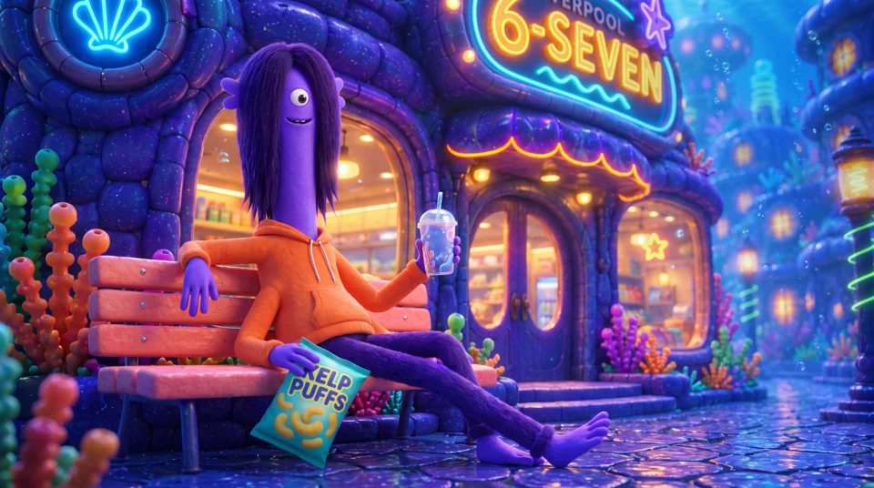 Ez, a tall purple sea creature with long dark hair, relaxing outside with a snack.
