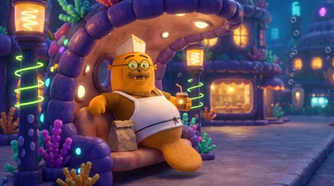 Flip, an orange sea creature wearing glasses and an apron, outside his diner.