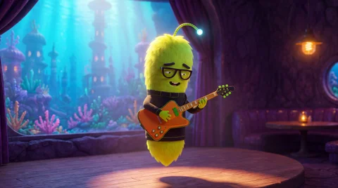 Remi, a fuzzy green sea creature with glasses, playing guitar on an underwater stage.