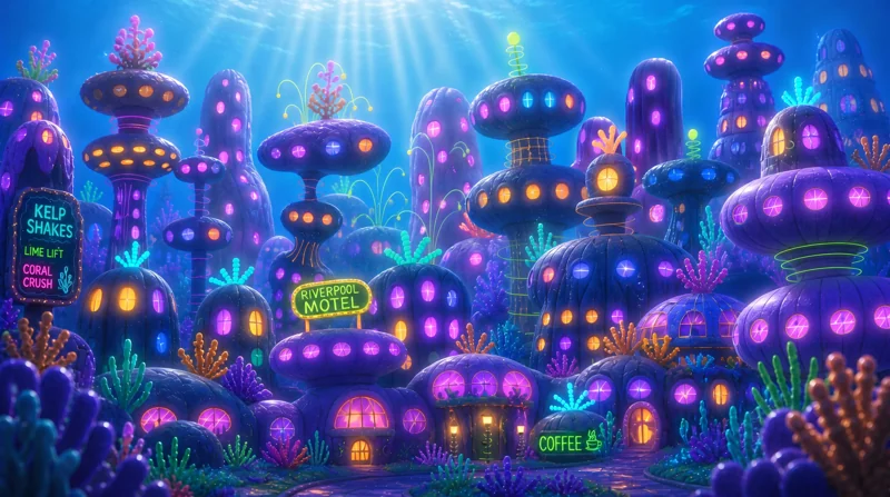 Riverpool, a colorful underwater town with glowing shops, coral, and winding streets.