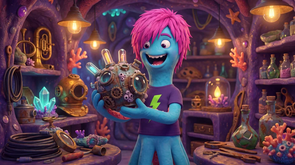 Torrance, a blue sea creature with bright pink hair, tinkering in a workshop.